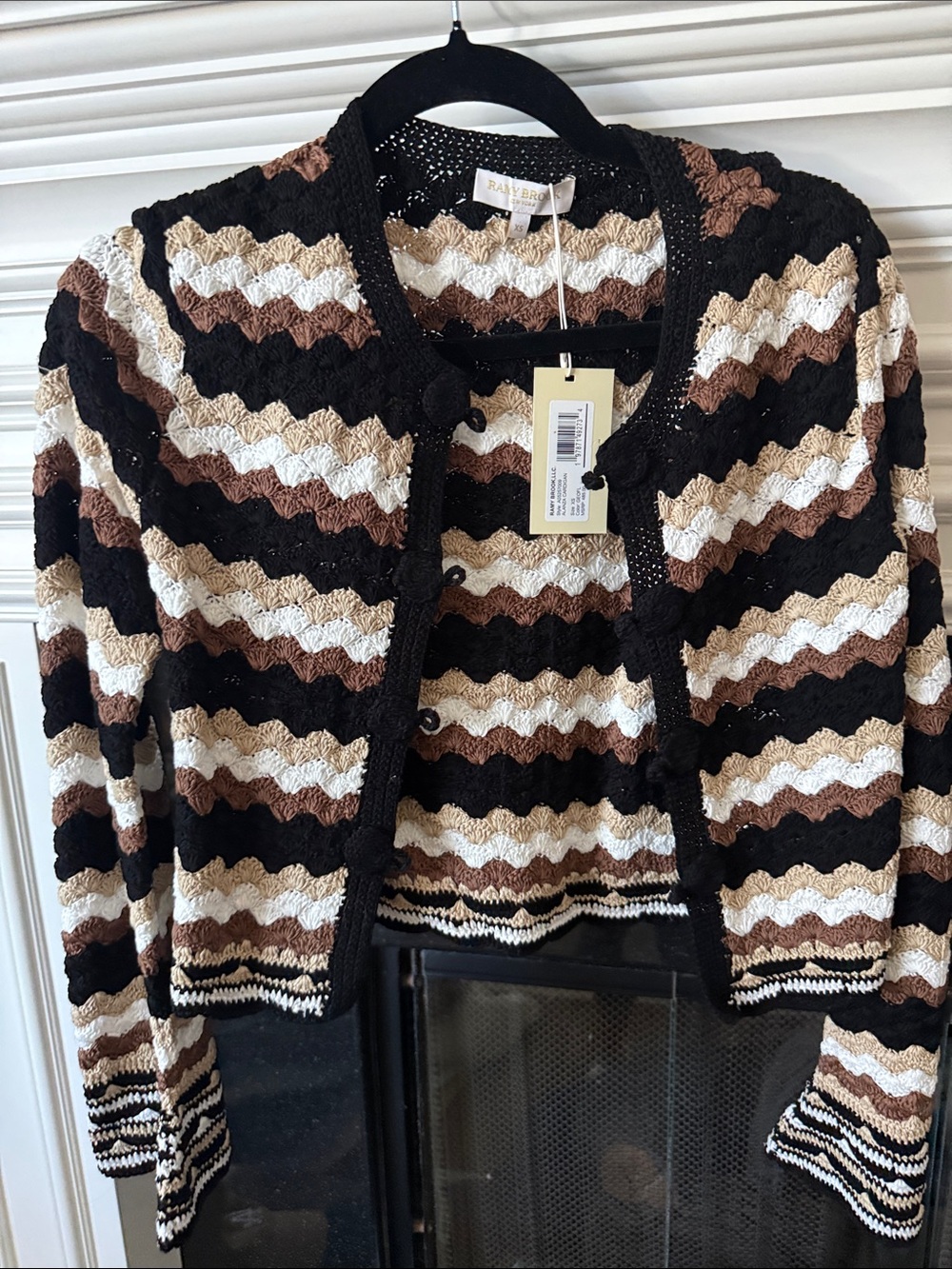 Ramy Brook Black, Brown & Cream Crochet Stripe Cropped Cardigan